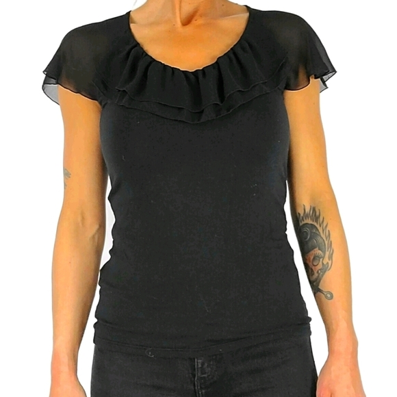 Ann Taylor Blouse Size X Small Black Ruffle Collar - Picture 1 of 4